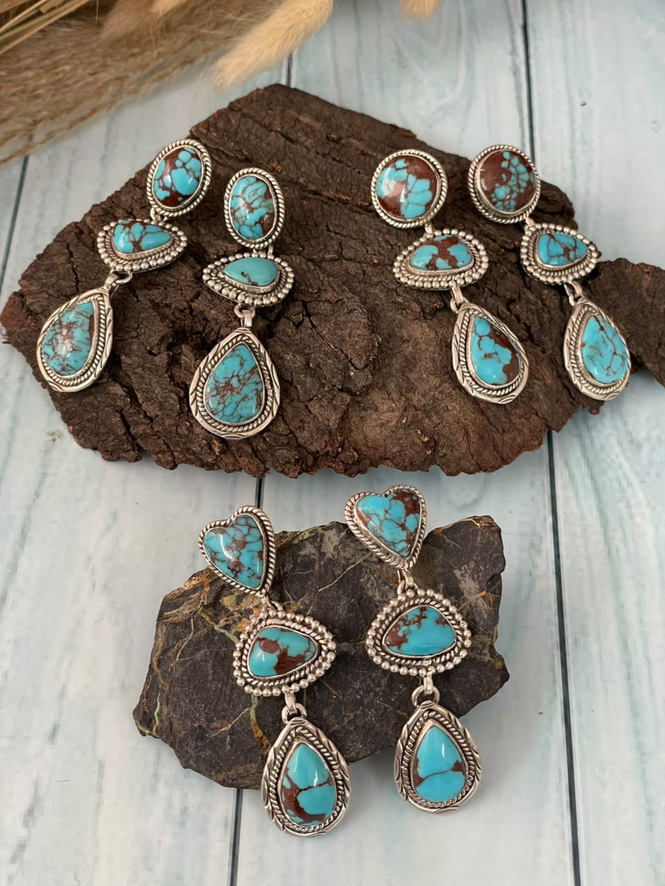 Handmade Sterling Silver Egyptian Turquoise Collection: Post Dangle Earrings Signed Nizhoni