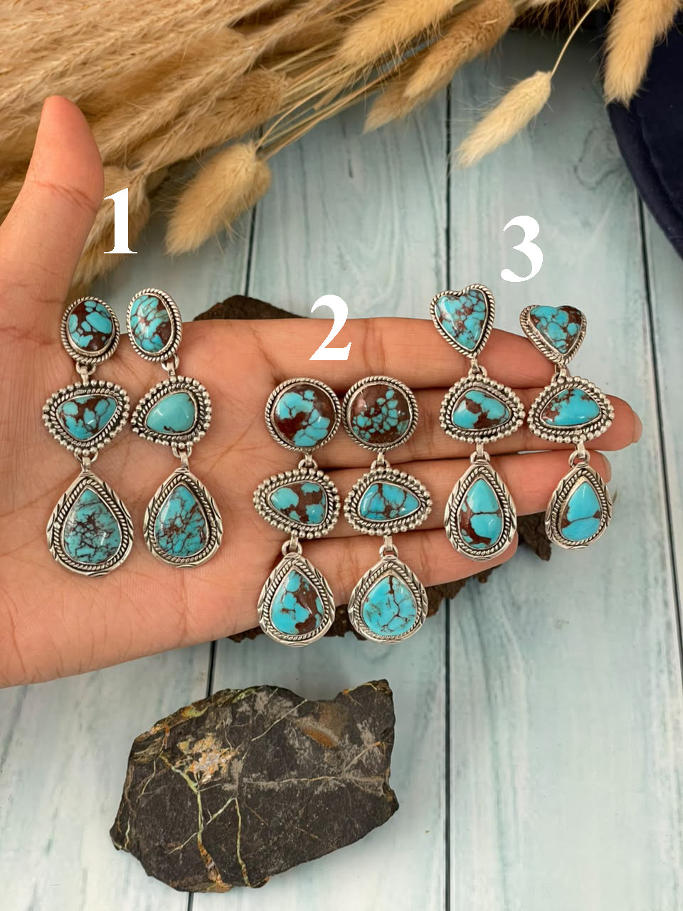 Handmade Sterling Silver Egyptian Turquoise Collection: Post Dangle Earrings Signed Nizhoni