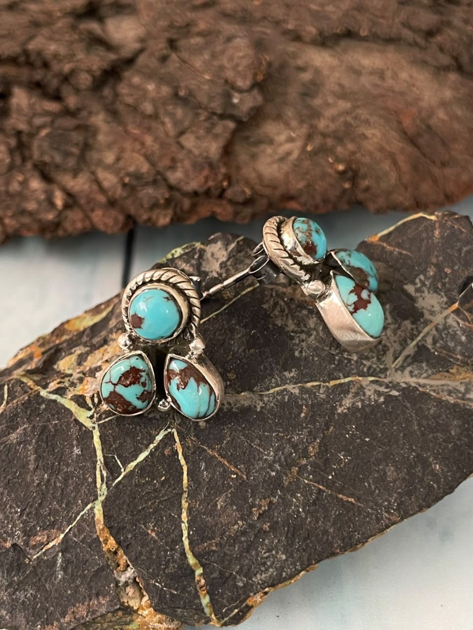 Handmade Sterling Silver Egyptian Turquoise Collection: Post Studs Earrings Signed Nizhoni