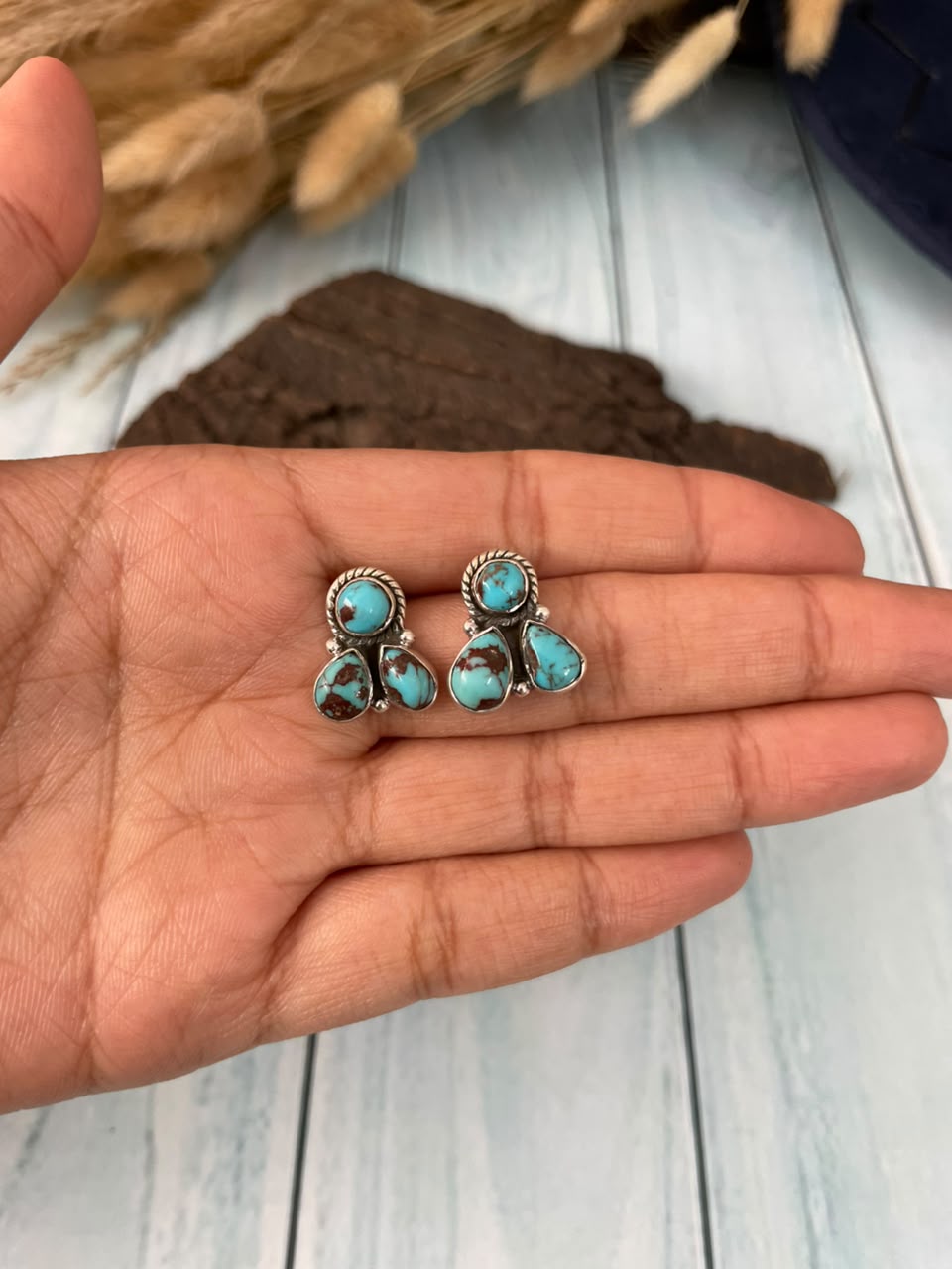 Handmade Sterling Silver Egyptian Turquoise Collection: Post Studs Earrings Signed Nizhoni