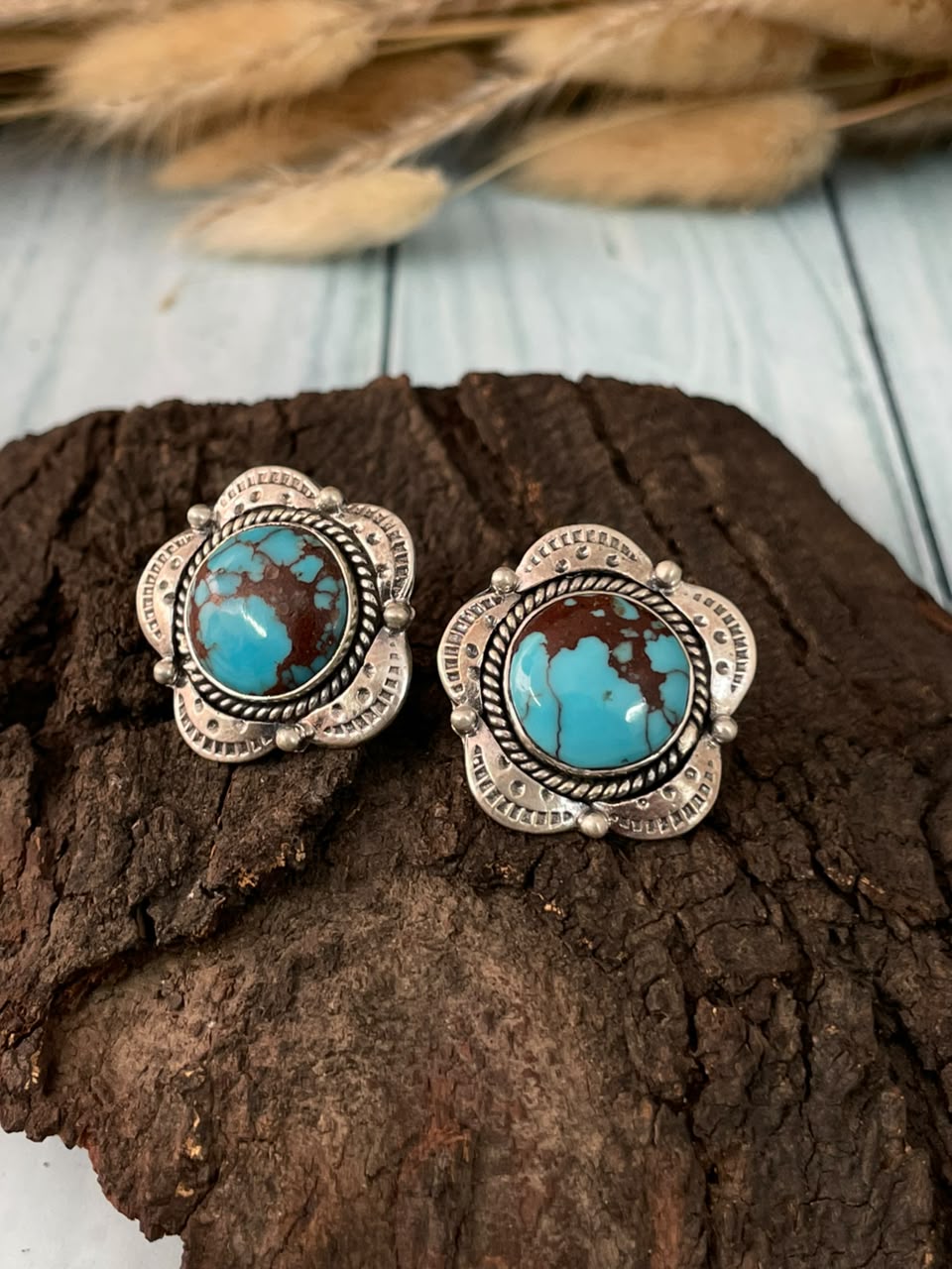 Handmade Sterling Silver Egyptian Turquoise Collection: Post Studs Earrings Signed Nizhoni