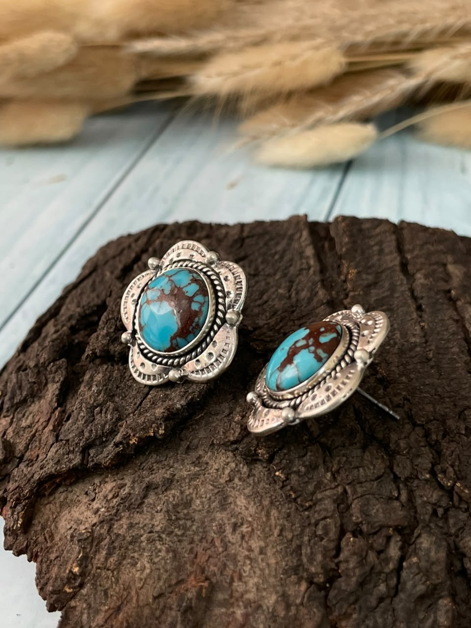 Handmade Sterling Silver Egyptian Turquoise Collection: Post Studs Earrings Signed Nizhoni