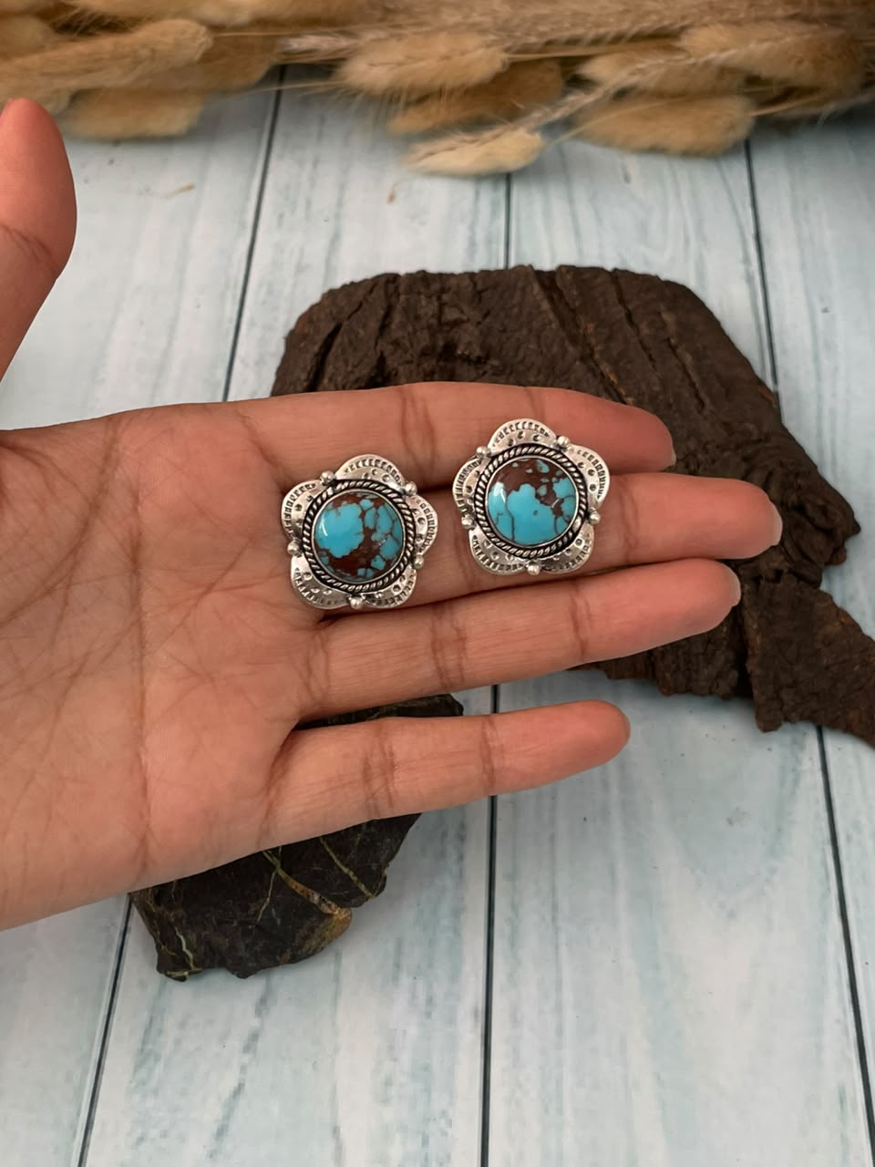 Handmade Sterling Silver Egyptian Turquoise Collection: Post Studs Earrings Signed Nizhoni