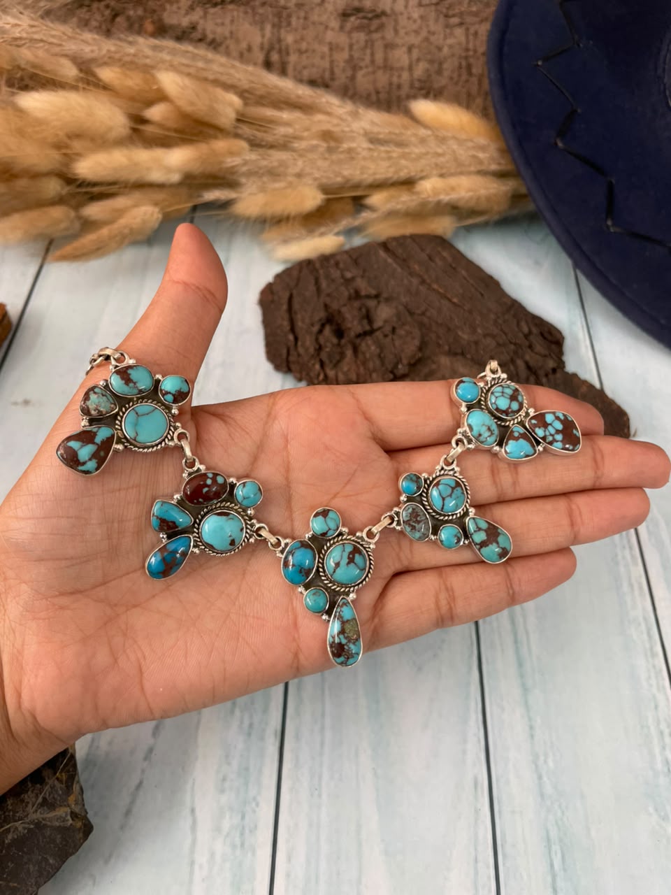 Handmade Sterling Silver Egyptian Turquoise Collection: Necklace Signed Nizhoni