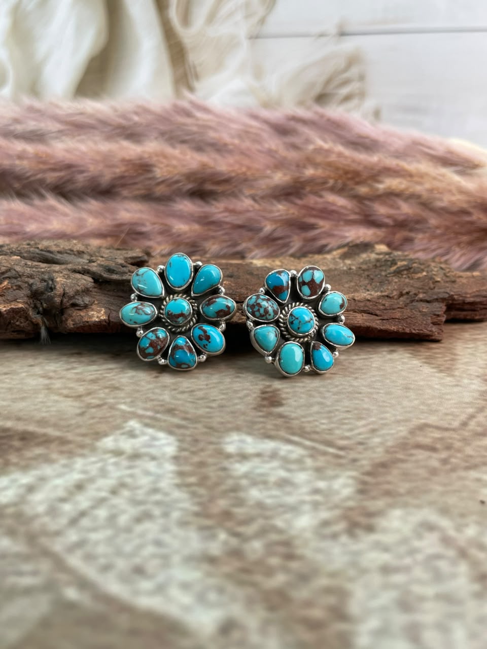 Handmade Sterling Silver Egyptian Turquoise Collection: Post Studs Earrings Signed Nizhoni