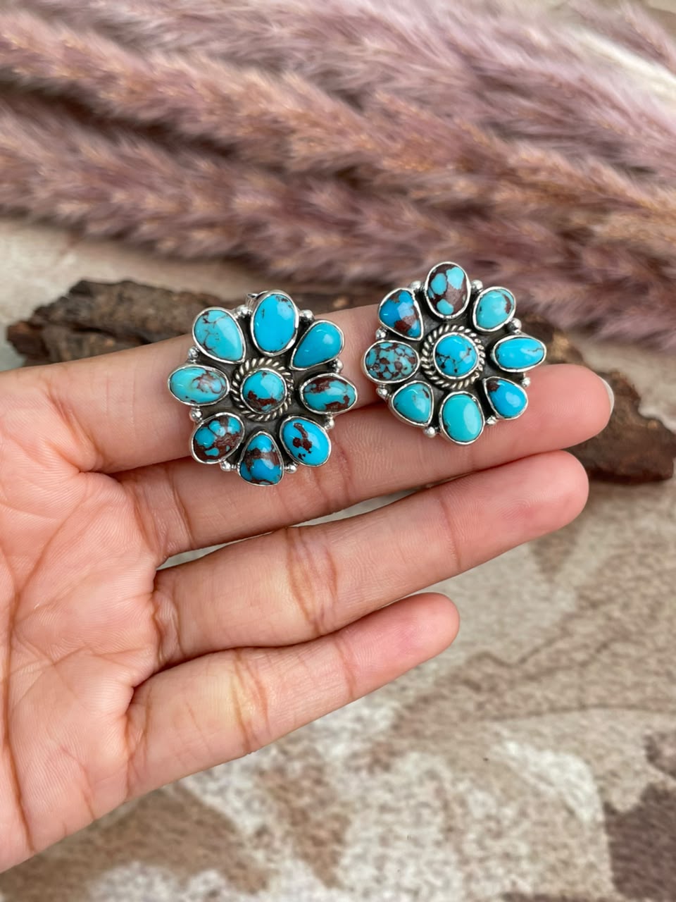 Handmade Sterling Silver Egyptian Turquoise Collection: Post Studs Earrings Signed Nizhoni