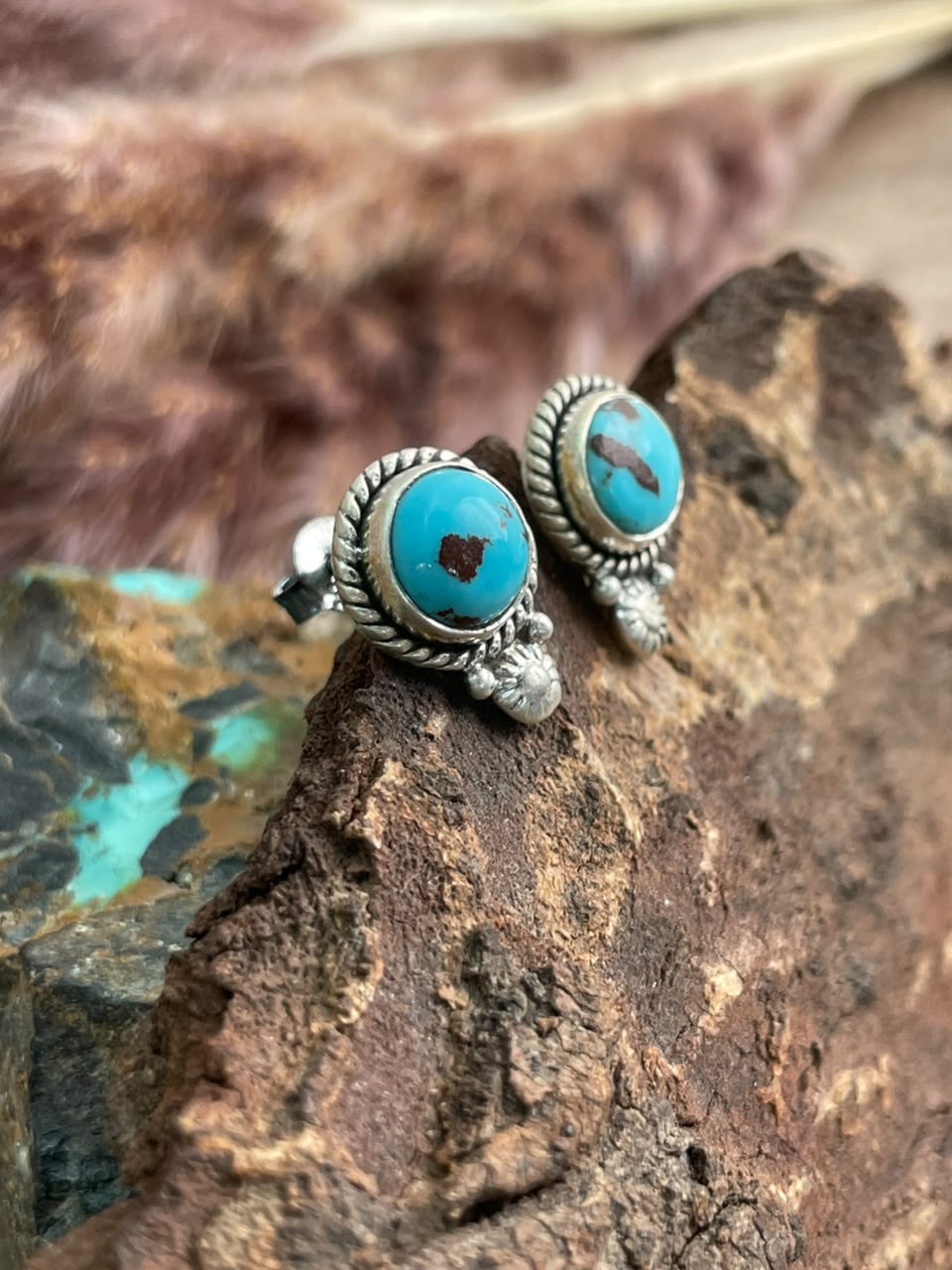 Handmade Sterling Silver Egyptian Turquoise Collection: Post Studs Earrings Signed Nizhoni