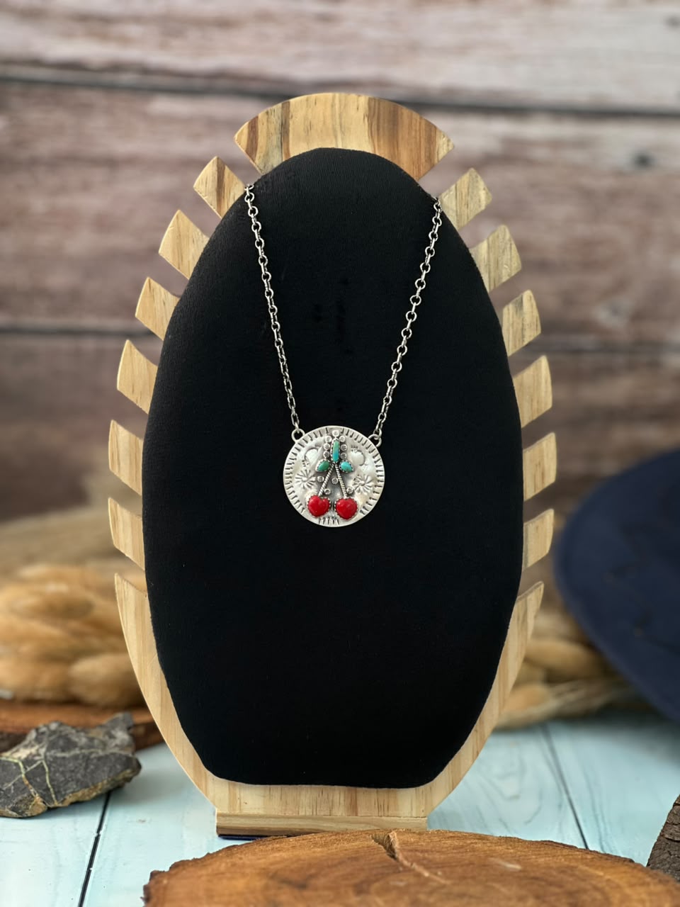 Handmade Sterling Silver Kingman Turquoise with Rosarita Cherry Necklace Signed Nizhoni (5)