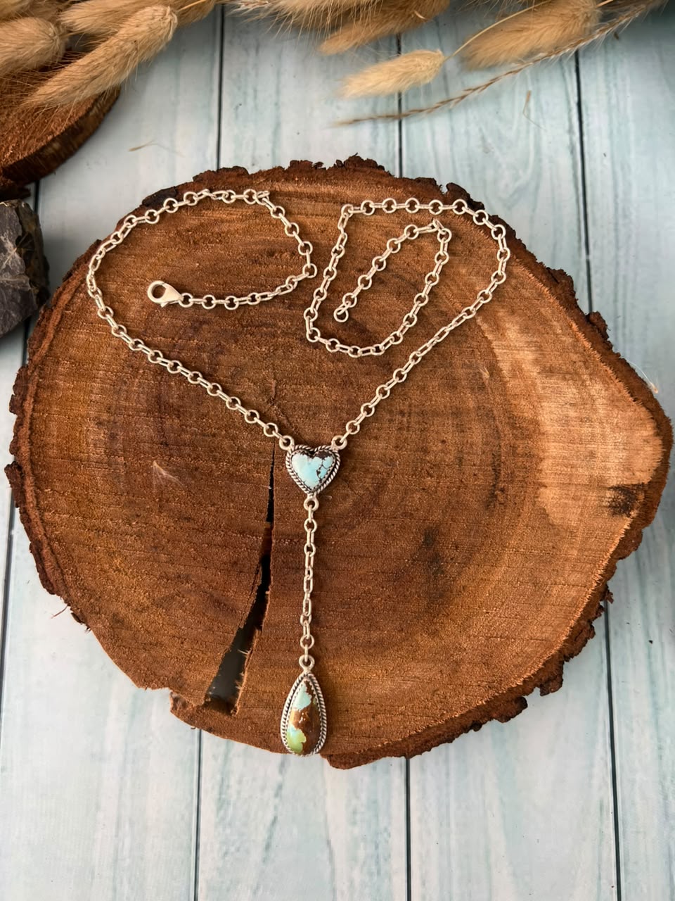 Handmade Sterling Silver Golden Hills with Sonoran Mountain Turquoise Drop Necklace Signed Nizhoni