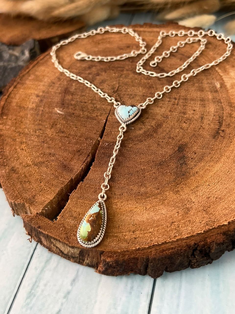 Handmade Sterling Silver Golden Hills with Sonoran Mountain Turquoise Drop Necklace Signed Nizhoni