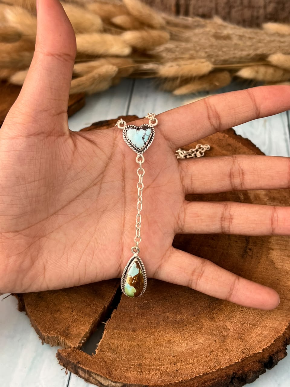 Handmade Sterling Silver Golden Hills with Sonoran Mountain Turquoise Drop Necklace Signed Nizhoni