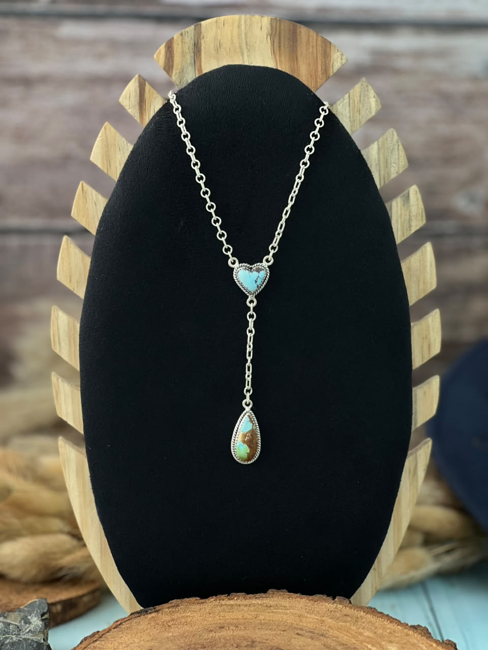 Handmade Sterling Silver Golden Hills with Sonoran Mountain Turquoise Drop Necklace Signed Nizhoni