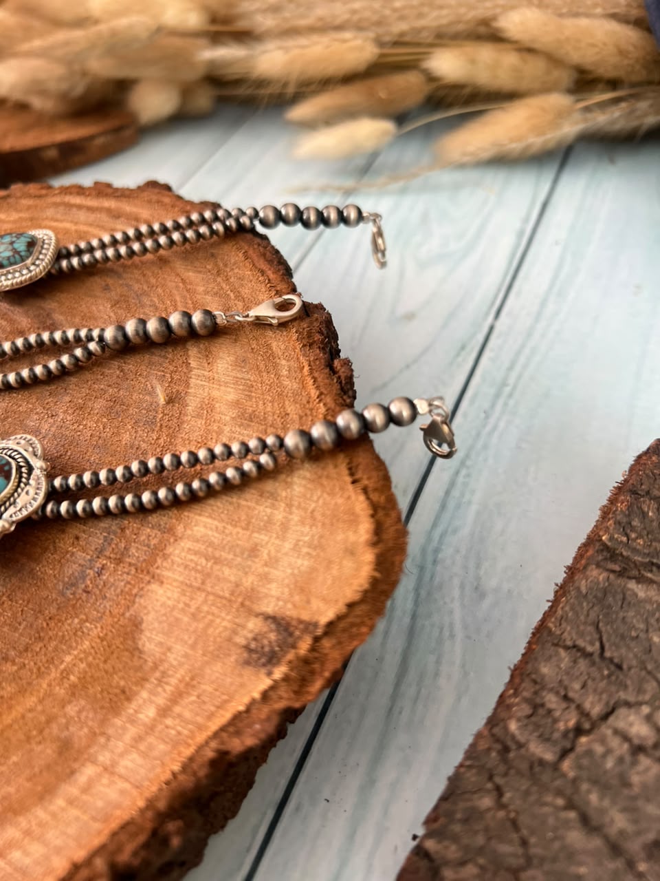 Handmade Sterling Silver Egyptian Turquoise Collection: Beaded Chain Bracelet Signed Nizhoni