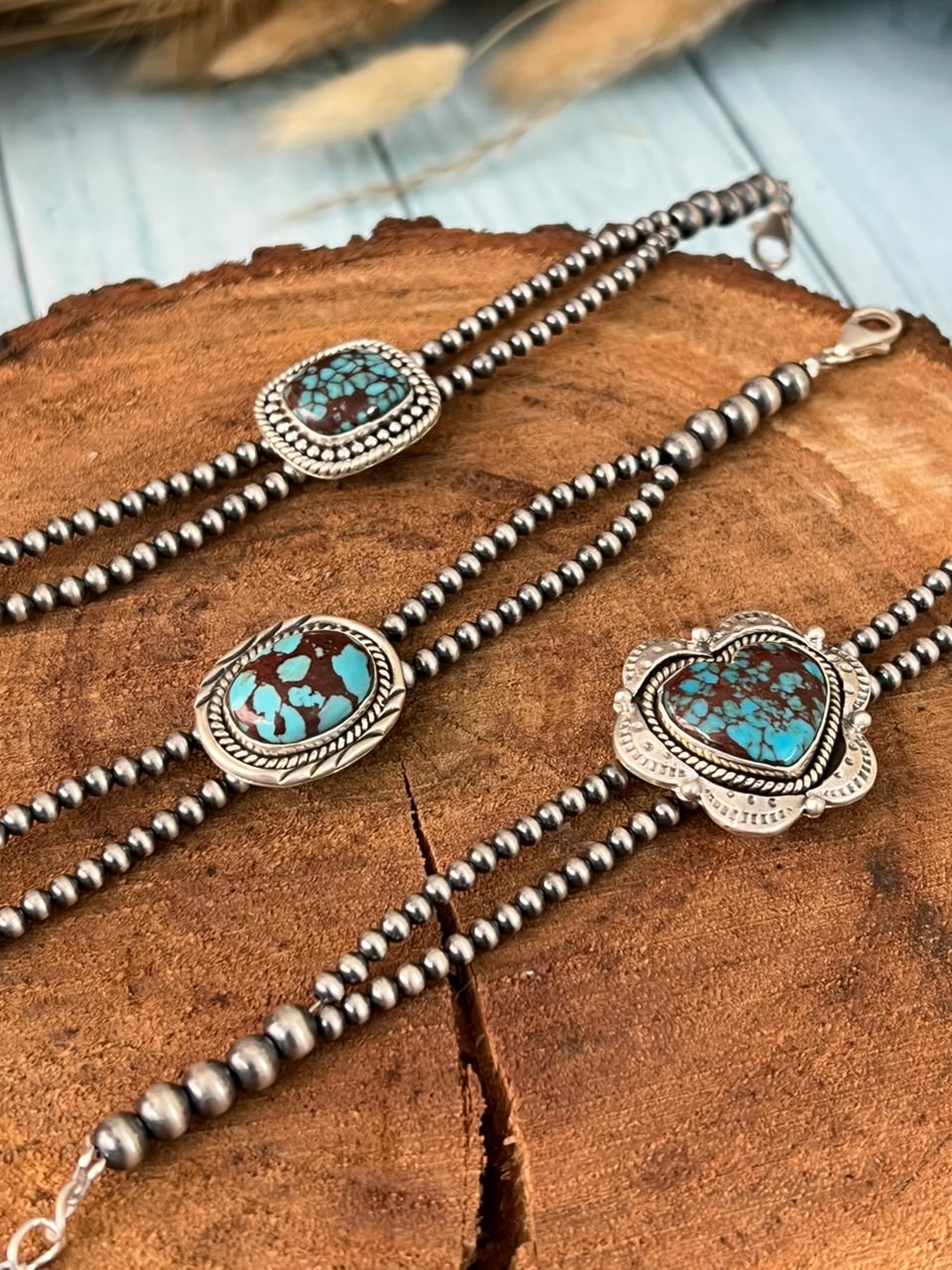 Handmade Sterling Silver Egyptian Turquoise Collection: Beaded Chain Bracelet Signed Nizhoni