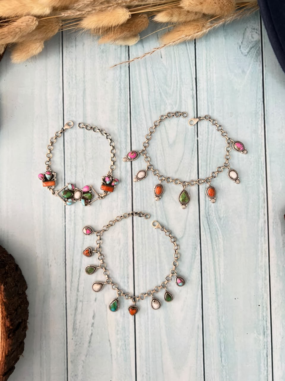 Handmade Sterling Silver Orange Mojave with White Buffalo, Sonoran Mountain and Cotton Candy Chain Bracelet Signed Nizhoni
