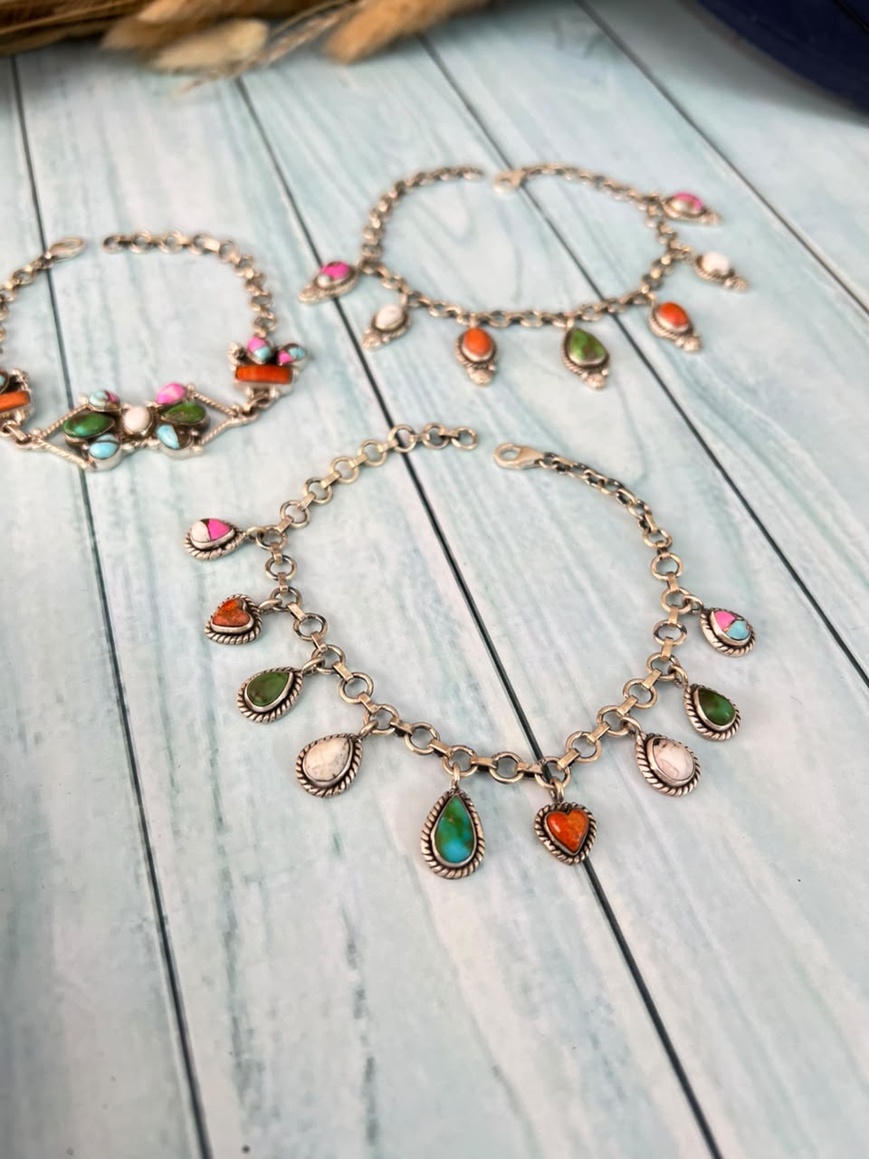 Handmade Sterling Silver Orange Mojave with White Buffalo, Sonoran Mountain and Cotton Candy Chain Bracelet Signed Nizhoni