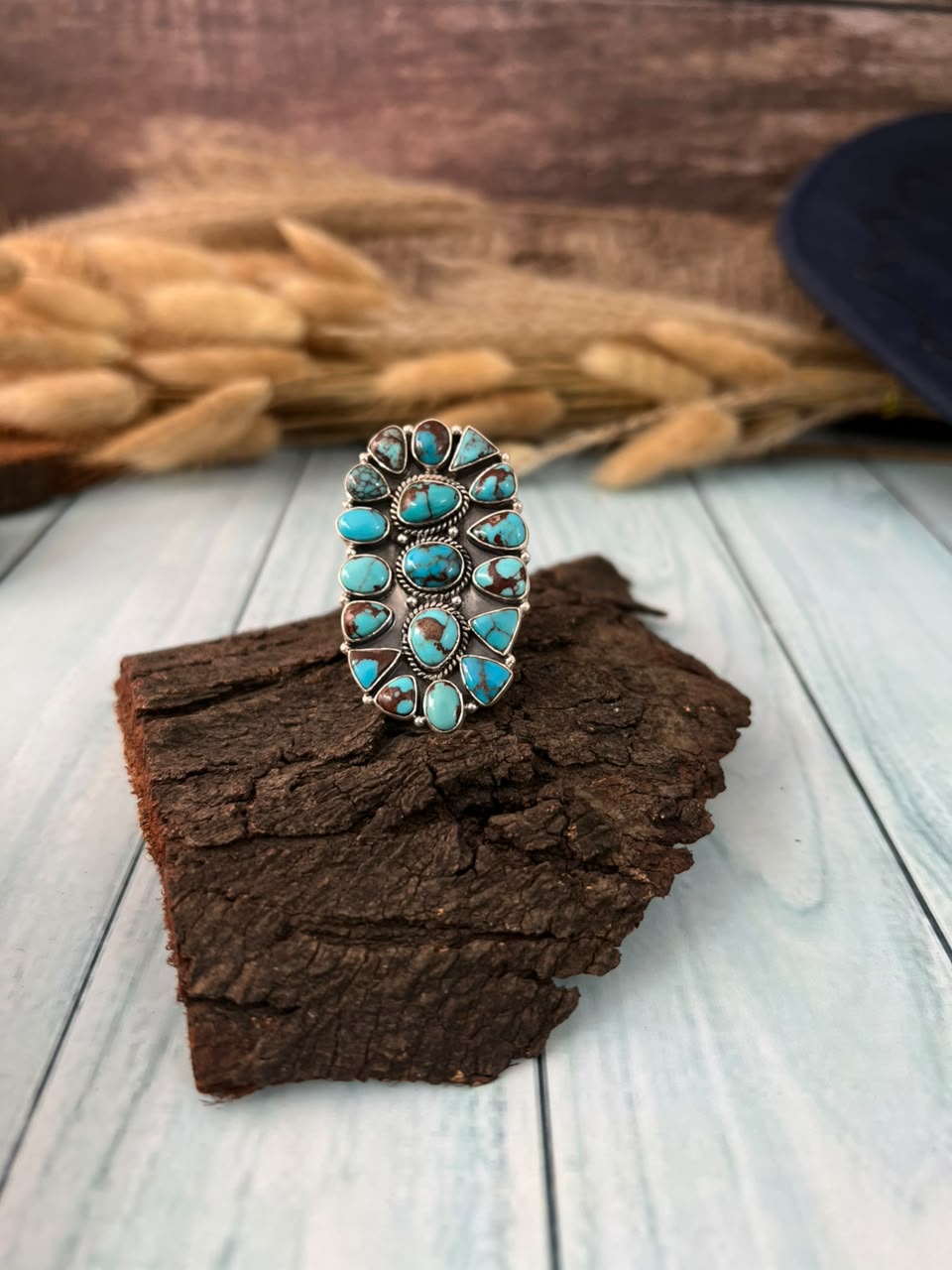 Handmade Sterling Silver Egyptian Turquoise Collection: Adjustable Ring Signed Nizhoni