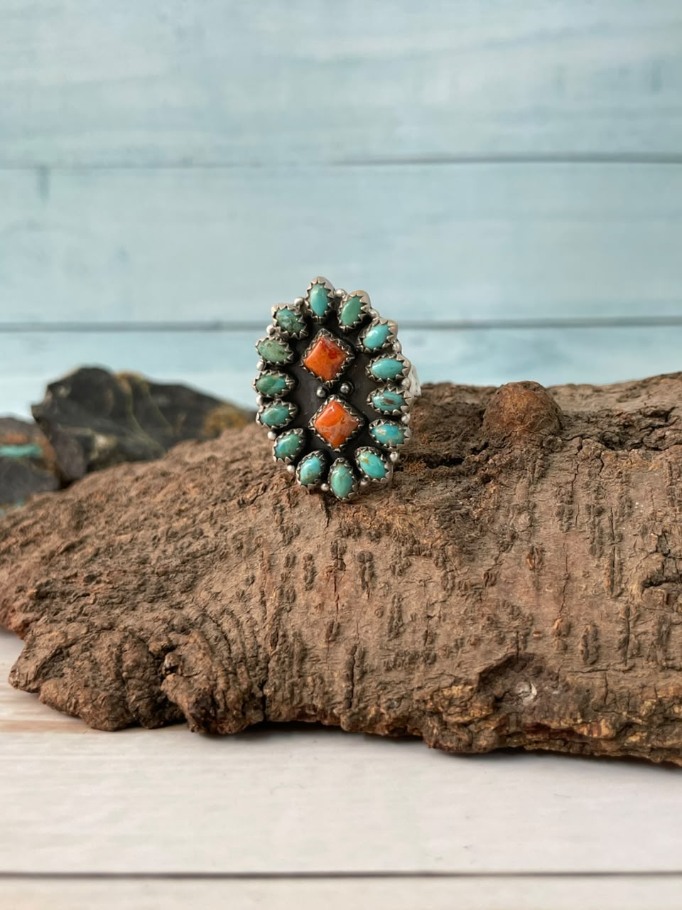 Handmade Sterling Silver Kingman Turquoise with Orange Mojave Adjustable Ring Signed Nizhoni