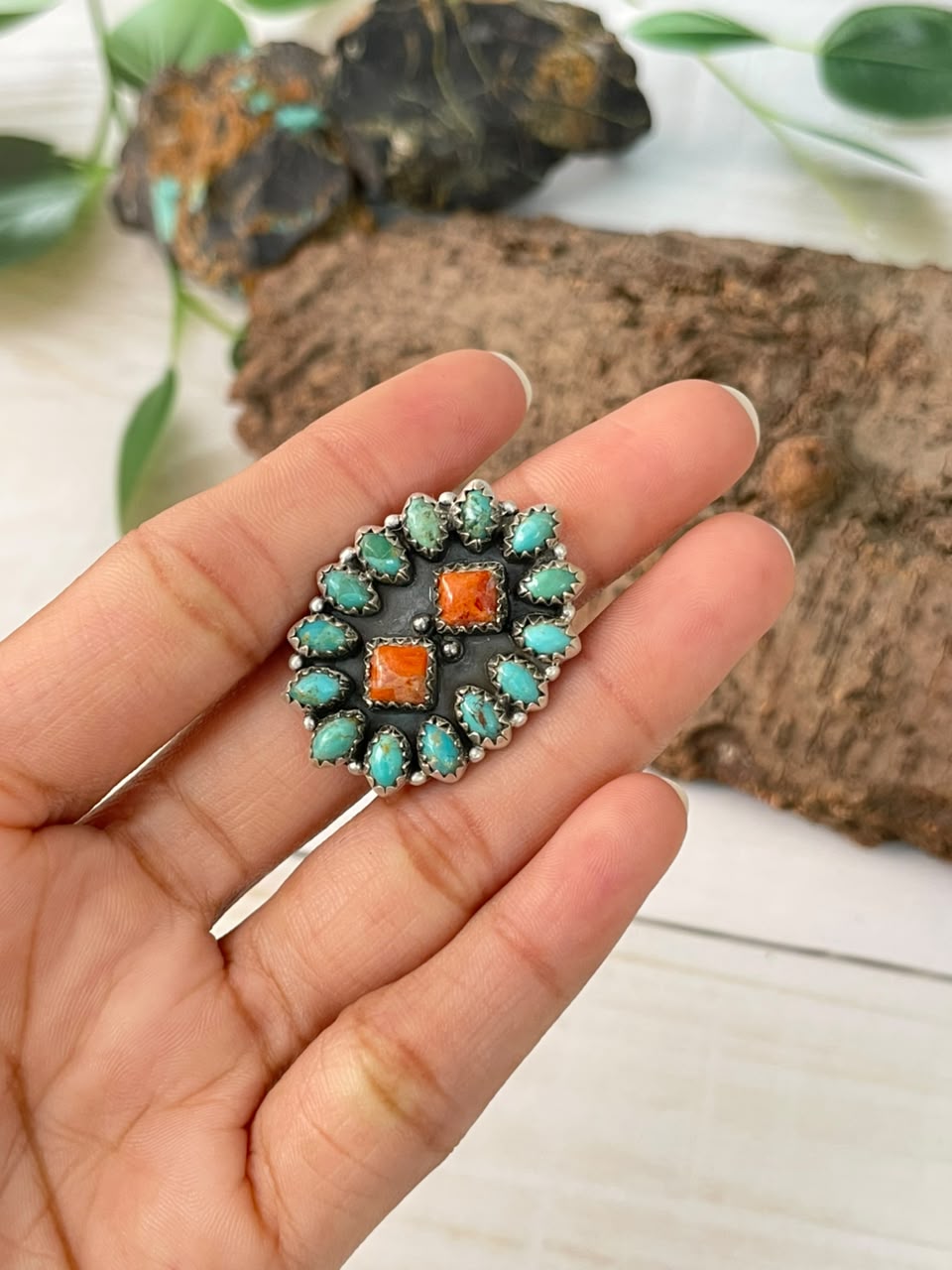 Handmade Sterling Silver Kingman Turquoise with Orange Mojave Adjustable Ring Signed Nizhoni