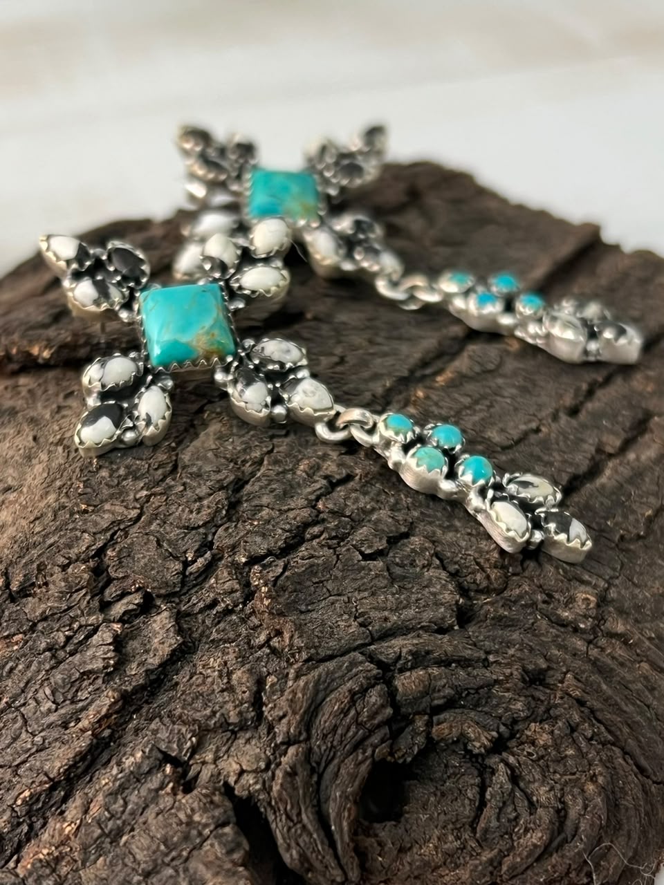 Handmade Sterling Silver Kingman Turquoise with White Buffalo Post Dangle Earrings Signed Nizhoni