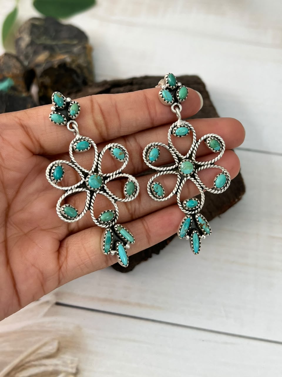 Handmade Sterling Silver Kingman Turquoise Post Dangle Earrings Signed Nizhoni