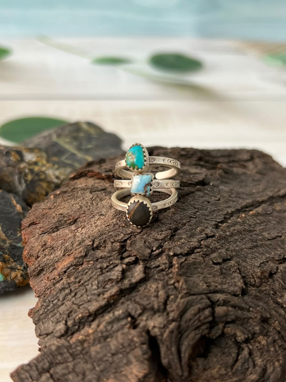 Handmade Sterling Silver Golden Hills with Sonoran Mountain and Blackjack Turquoise Adjustable Stackable Ring