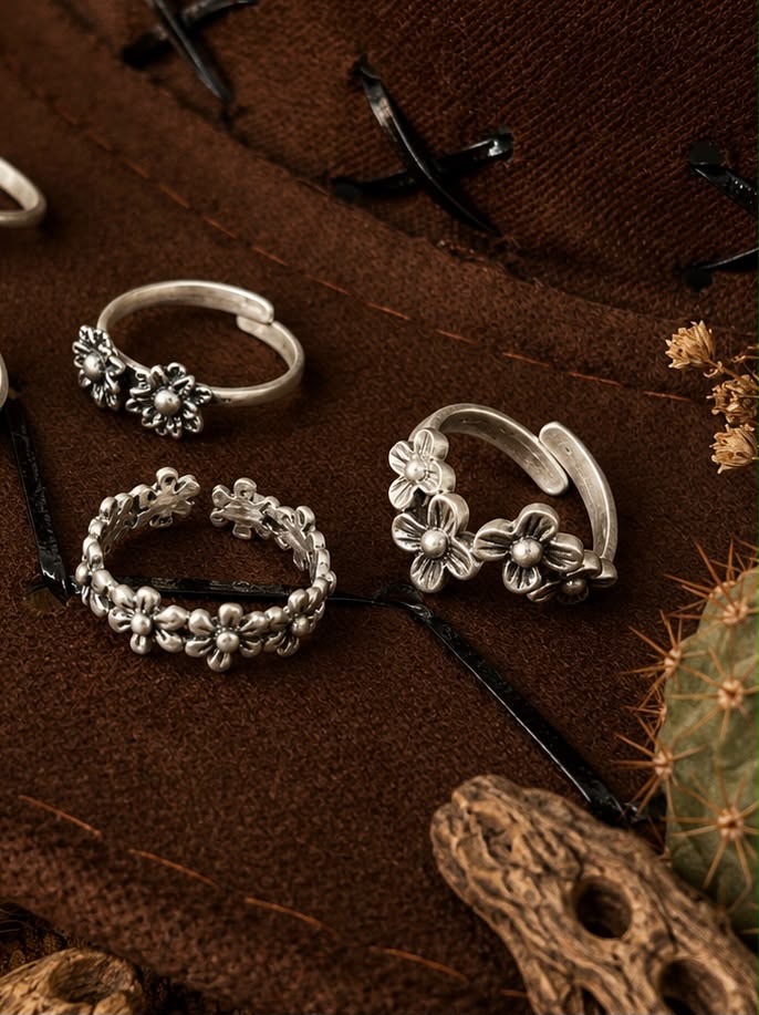 Handmade Sterling Silver Desert Bloom Stack Collection: Adjustable Ring