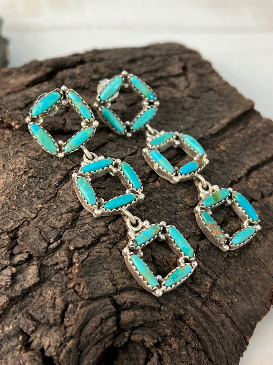 Handmade Sterling Silver Kingman Turquoise Post Dangle Earrings Signed Nizhoni