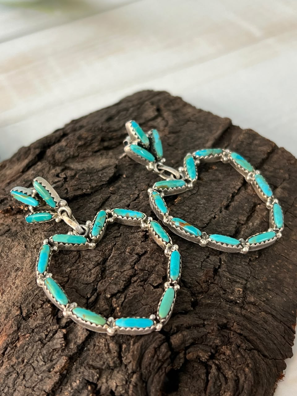 Handmade Sterling Silver Kingman Turquoise Post Dangle Heart Earrings Signed Nizhoni