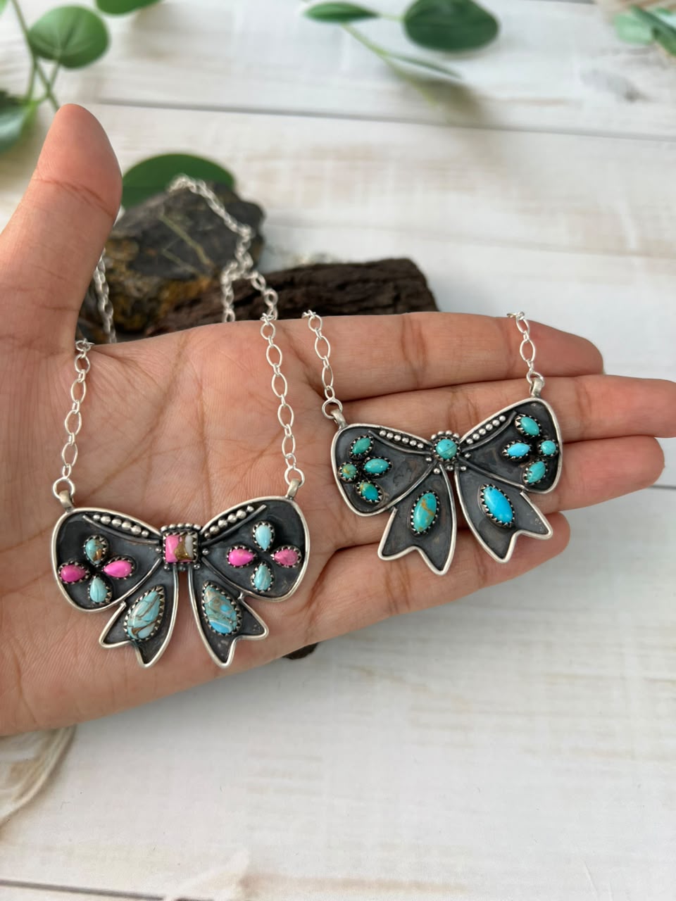 Handmade Sterling Silver Kingman Turquoise and Cotton Candy Bow Necklace Signed Nizhoni