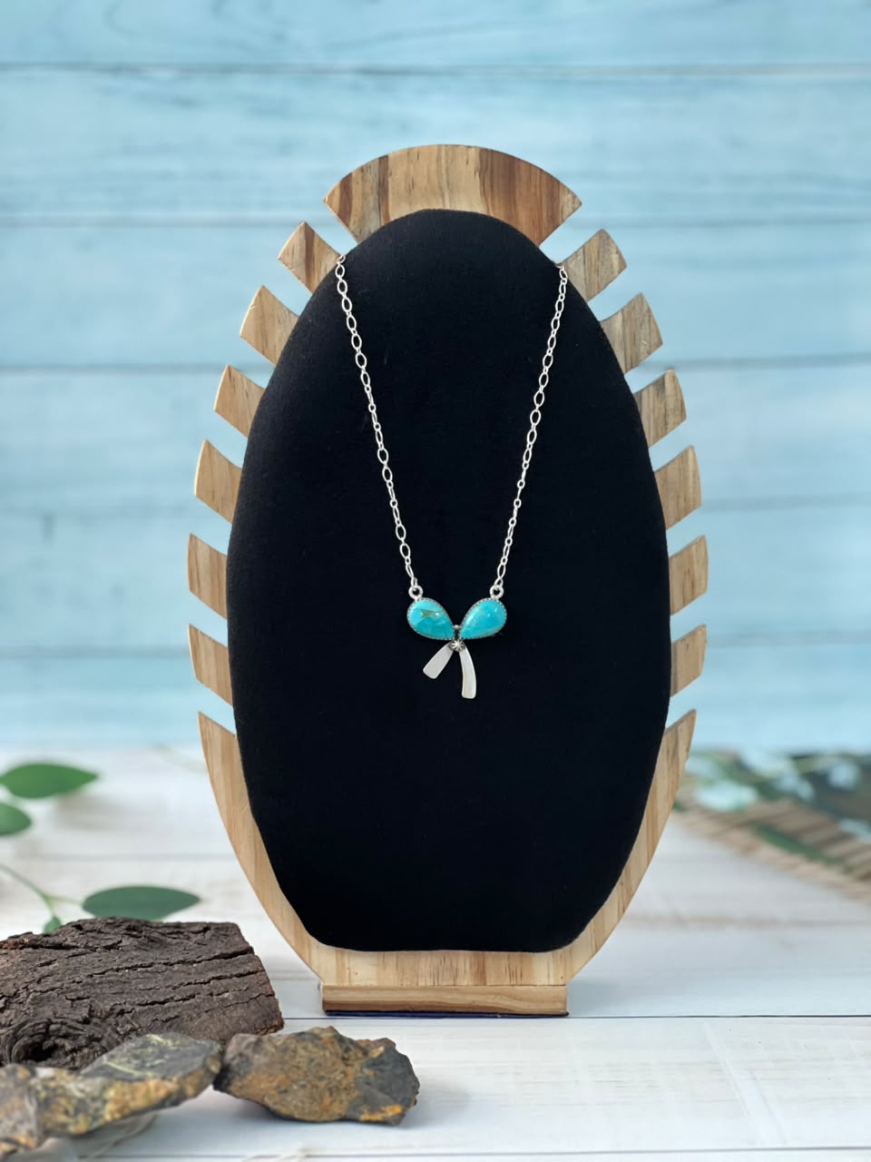 Handmade Sterling Silver Kingman Turquoise Bow Necklace Signed Nizhoni