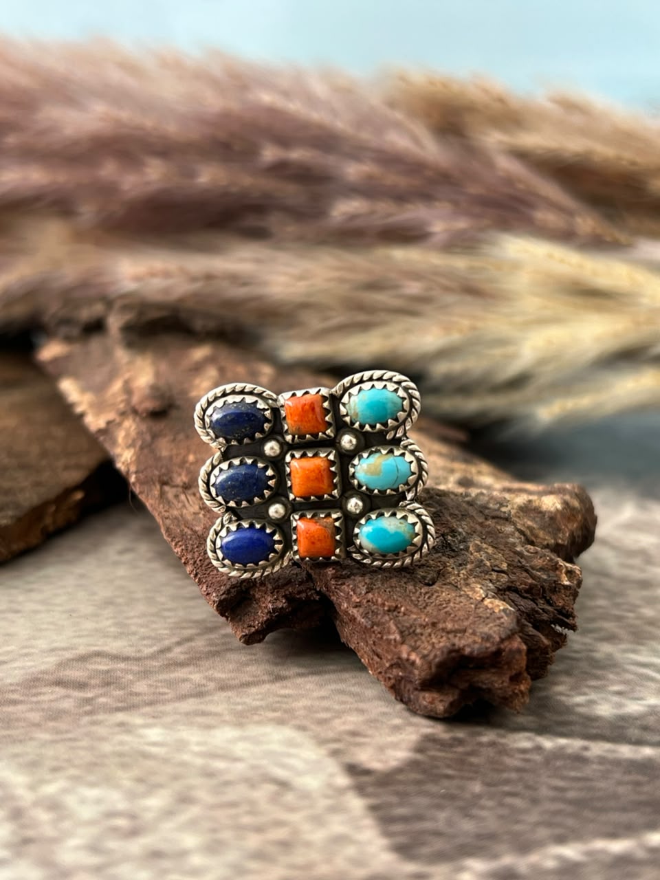 Handmade Sterling Silver Kingman Turquoise with Orange Mojave and Lapis Adjustable Ring Signed Nizhoni