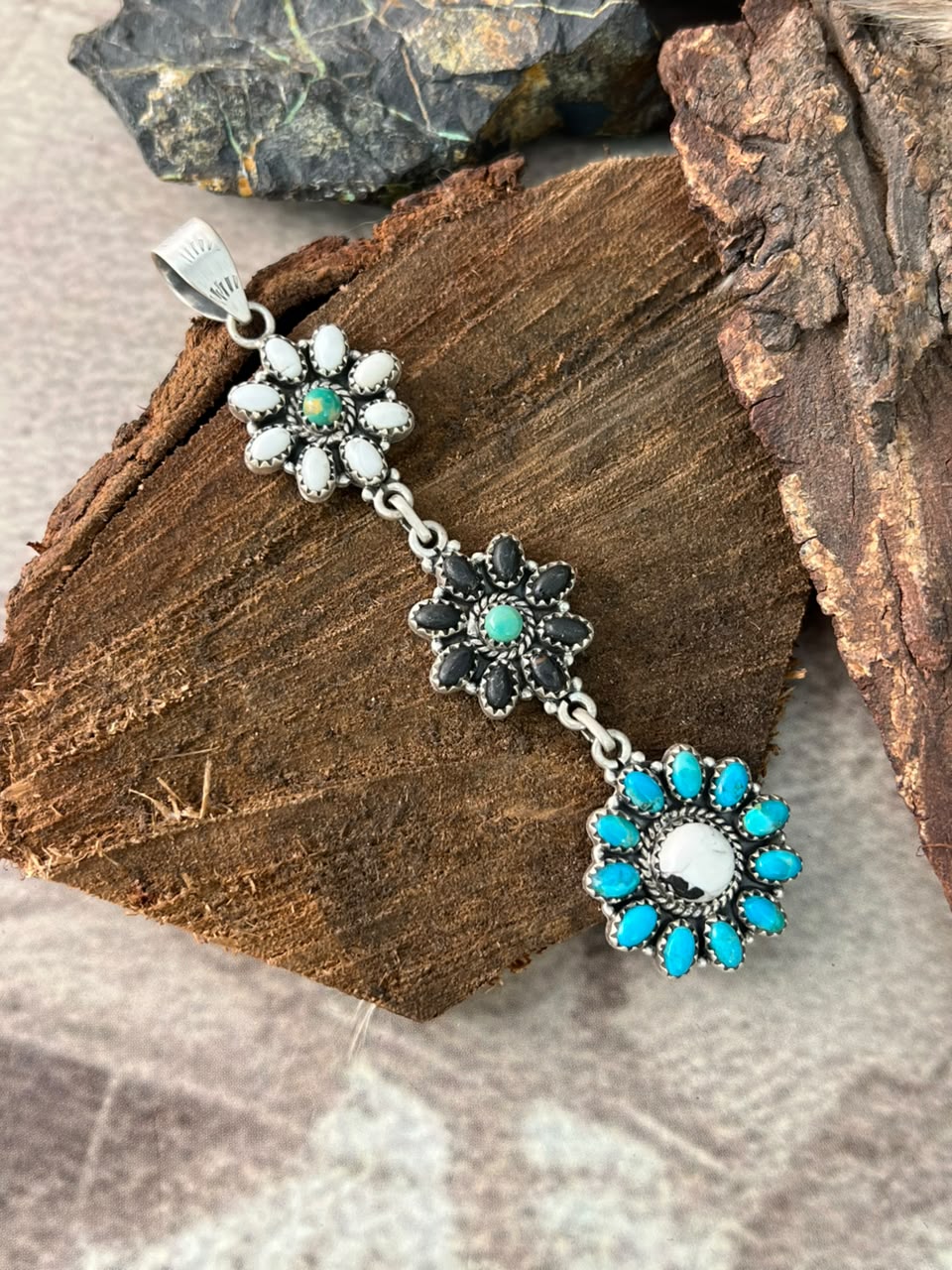 Handmade Sterling Silver Kingman Turquoise with White Buffalo Pendant Signed Nizhoni