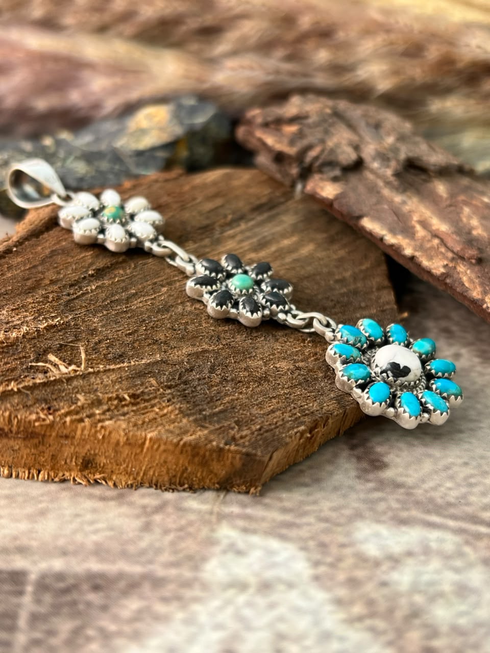 Handmade Sterling Silver Kingman Turquoise with White Buffalo Pendant Signed Nizhoni