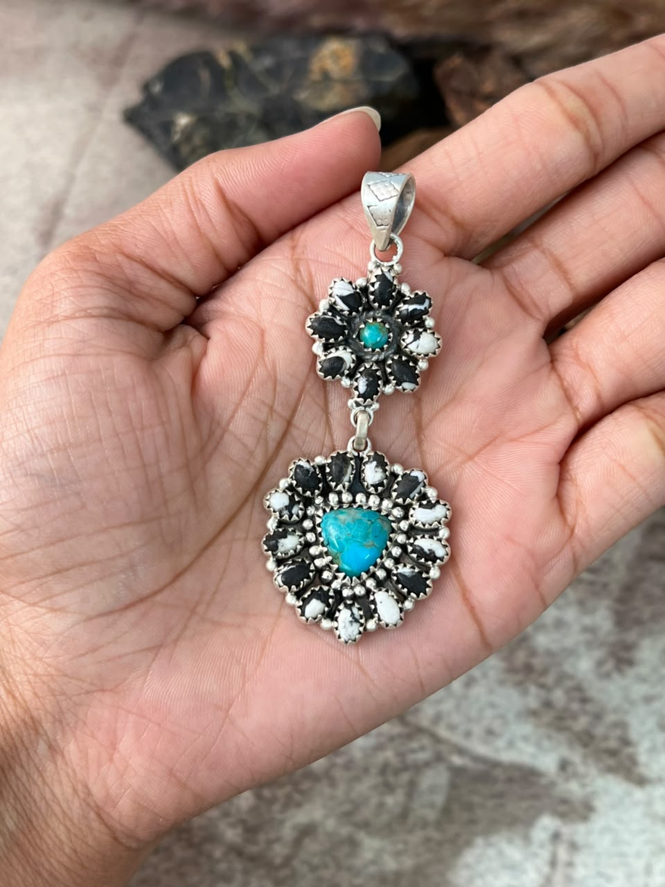 Handmade Sterling Silver Kingman Turquoise with White Buffalo Pendant Signed Nizhoni