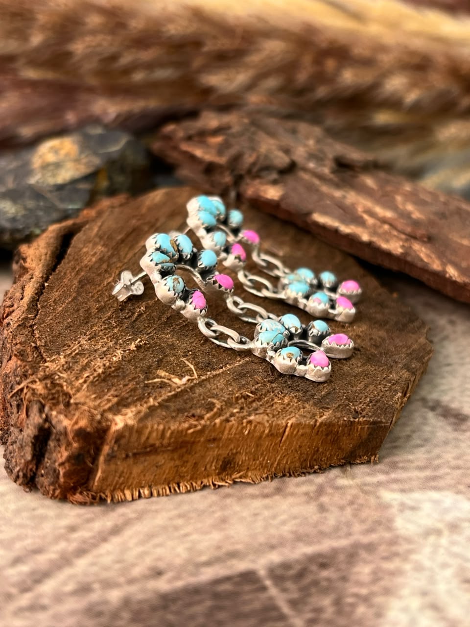 Handmade Sterling Silver Cotton Candy Post Dangle Naja Earrings Signed Nizhoni
