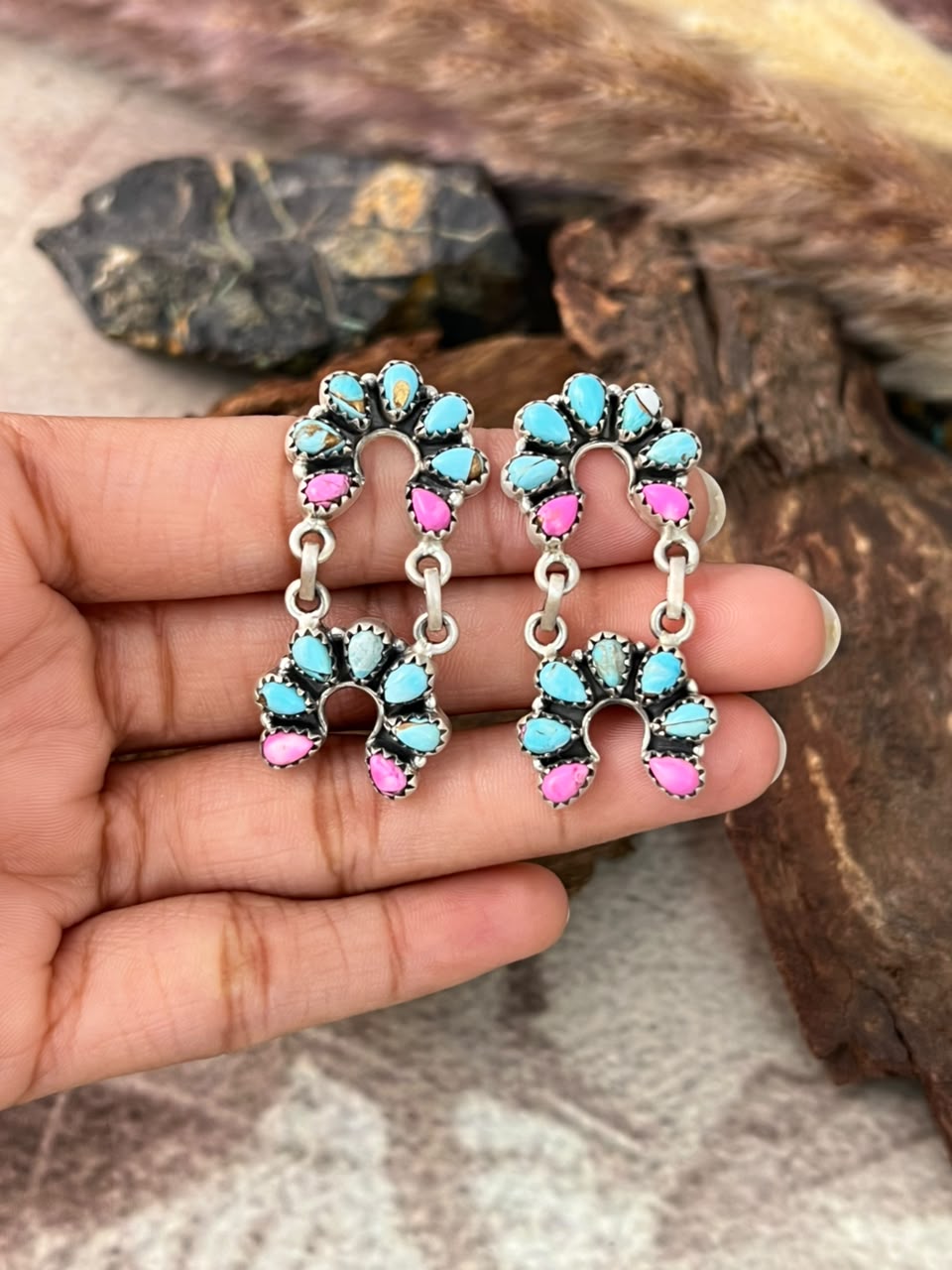 Handmade Sterling Silver Cotton Candy Post Dangle Naja Earrings Signed Nizhoni