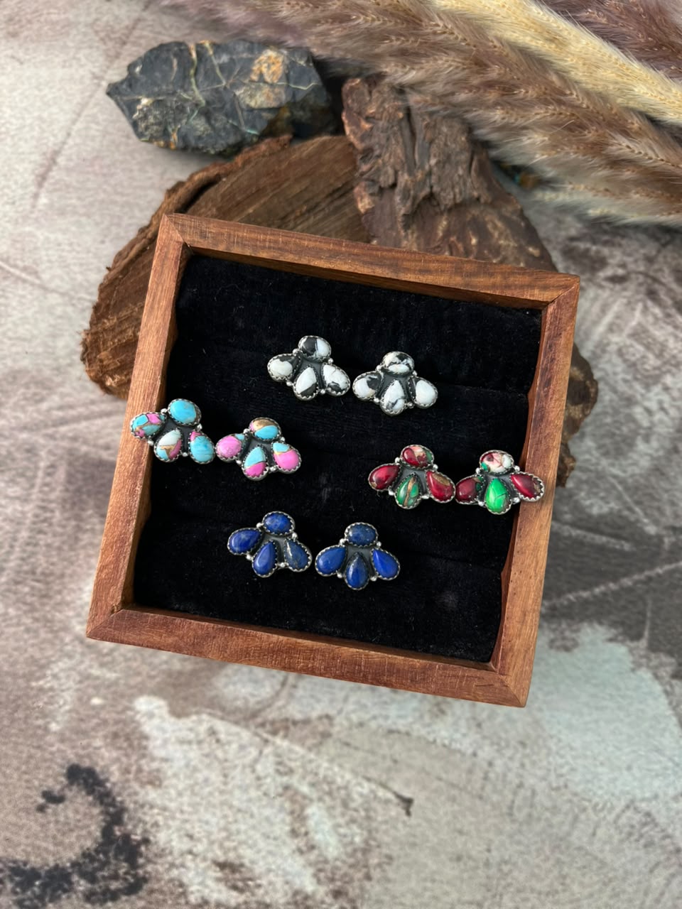 Handmade Sterling Silver Lapis, White Buffalo, Cotton Candy and Christmas Dahlia Mini Backroads Post Earrings Signed Nizhoni