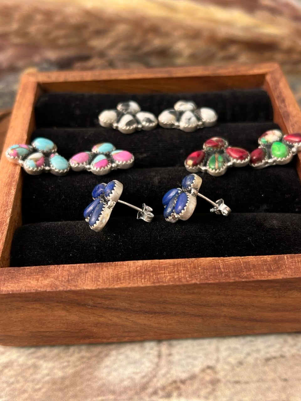 Handmade Sterling Silver Lapis, White Buffalo, Cotton Candy and Christmas Dahlia Mini Backroads Post Earrings Signed Nizhoni