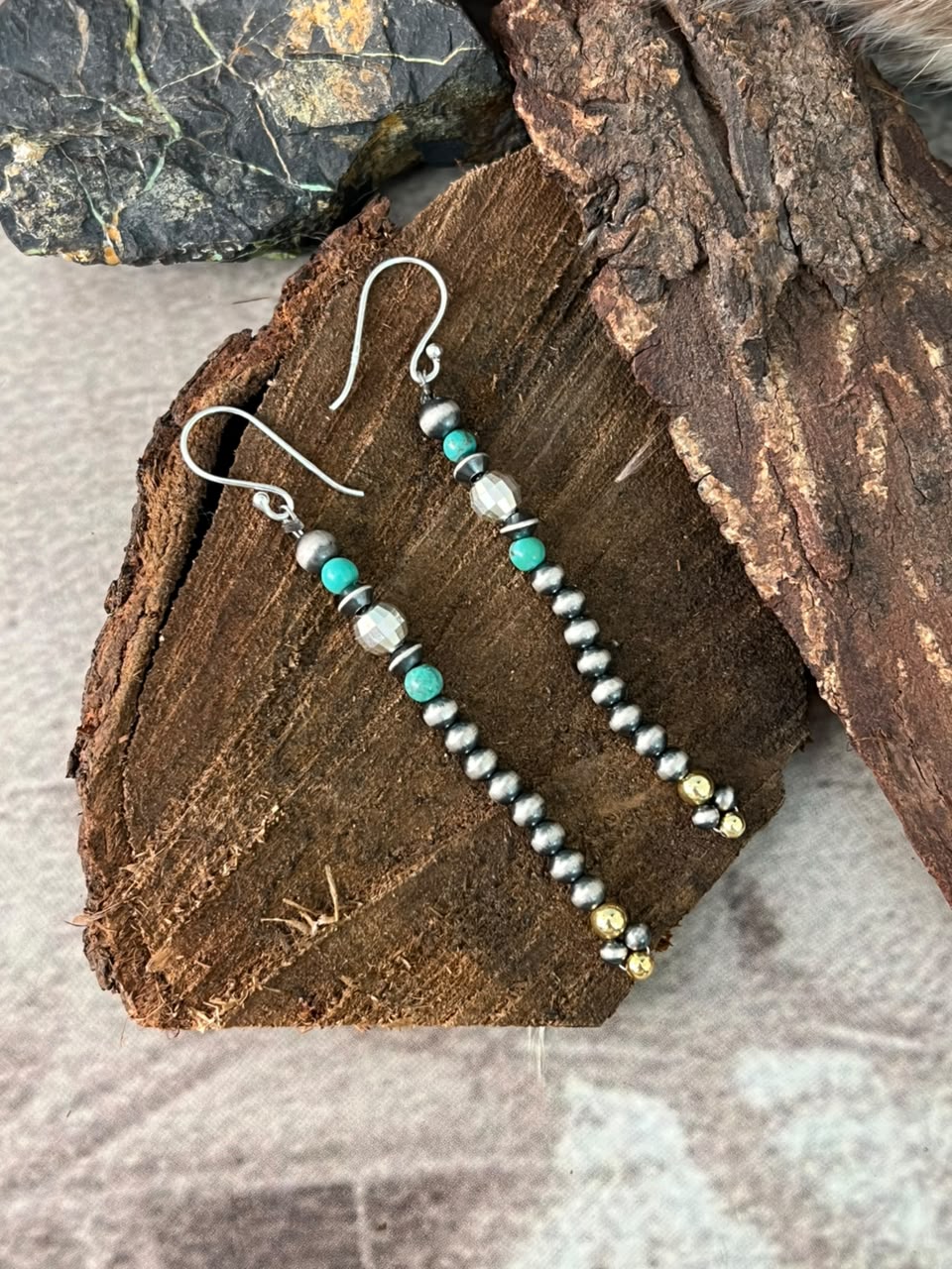 Handmade Sterling Silver Kingman Turquoise Shiny Golden Hook Dangle Beaded Earrings