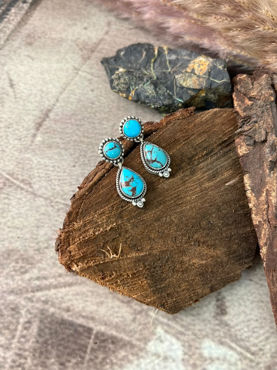 Handmade Sterling Silver Egyptian Turquoise Post Dangle Earrings Signed Nizhoni