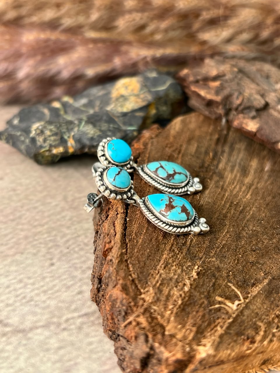 Handmade Sterling Silver Egyptian Turquoise Post Dangle Earrings Signed Nizhoni