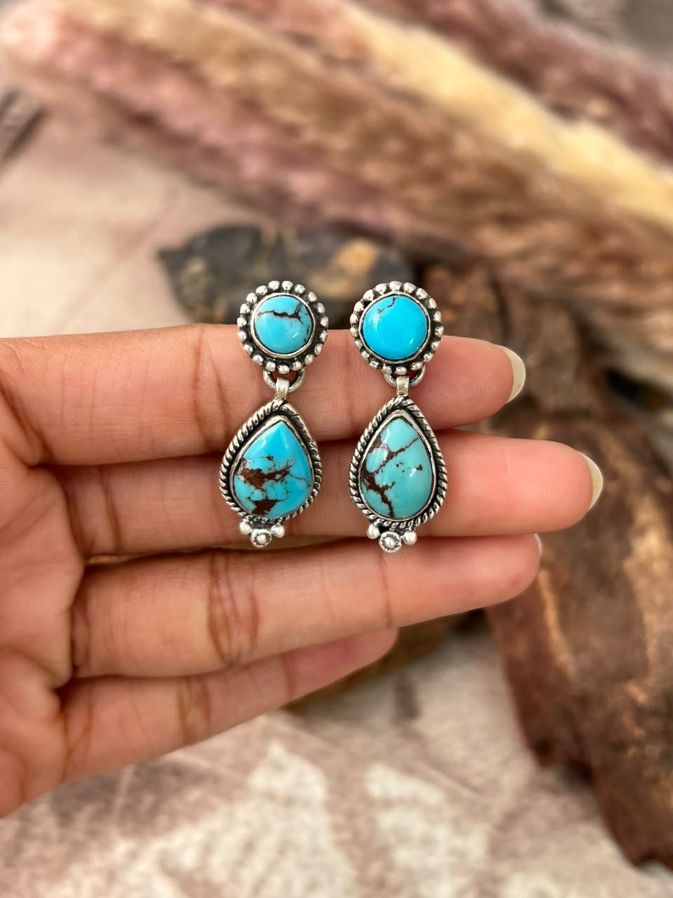 Handmade Sterling Silver Egyptian Turquoise Post Dangle Earrings Signed Nizhoni