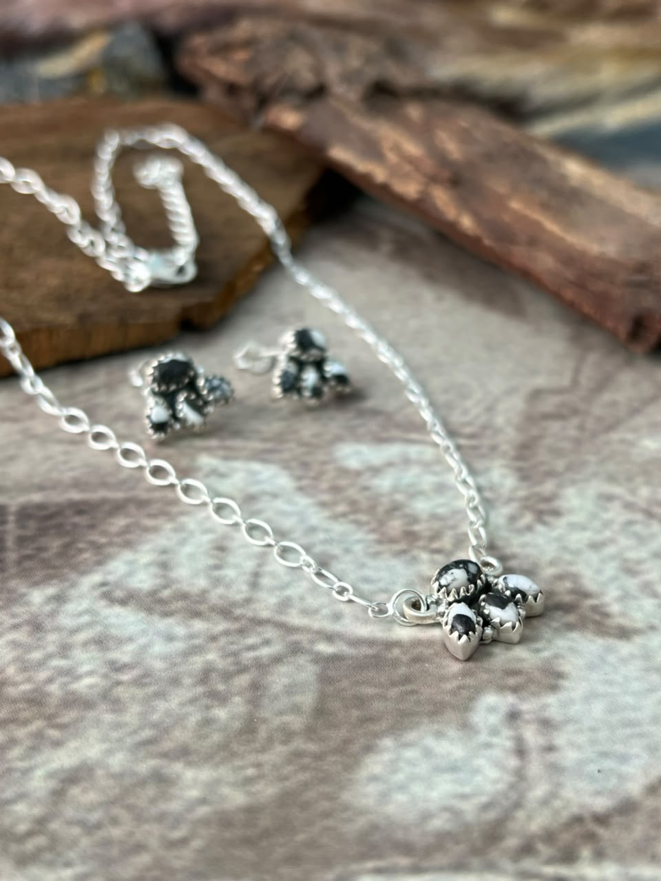 Handmade Sterling Silver White Buffalo Necklace and Earrings Set Signed Nizhoni
