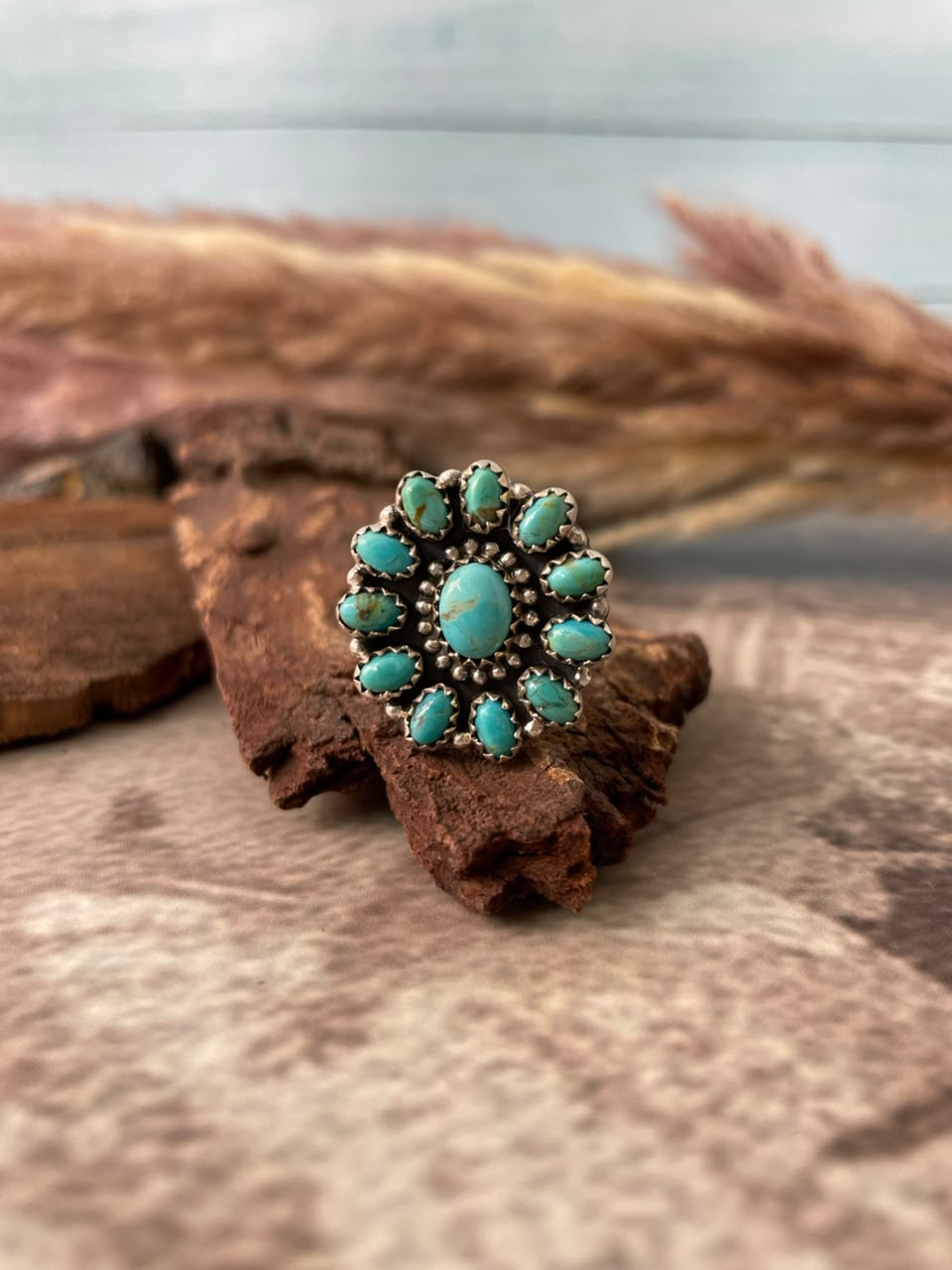 Handmade Sterling Silver Kingman Turquoise Adjustable Ring Signed Nizhoni