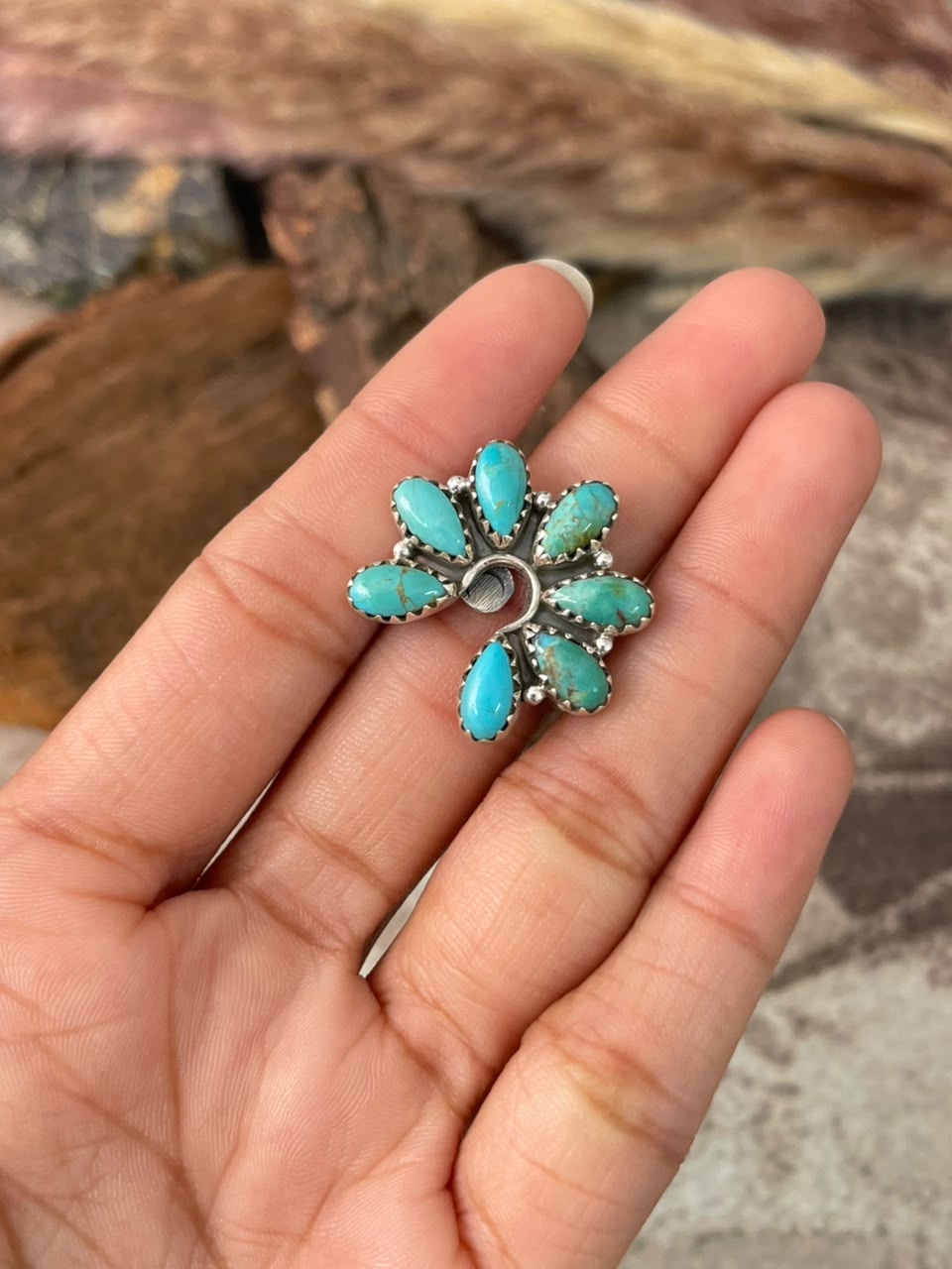 Handmade Sterling Silver Kingman Turquoise Naja Adjustable Ring Signed Nizhoni