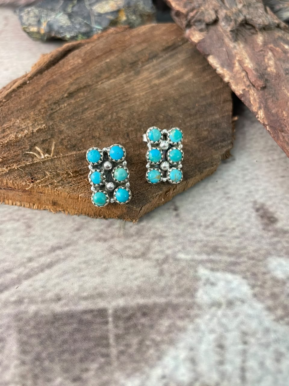 Handmade Sterling Silver Kingman Turquoise Post Studs Bar Earrings Signed Nizhoni