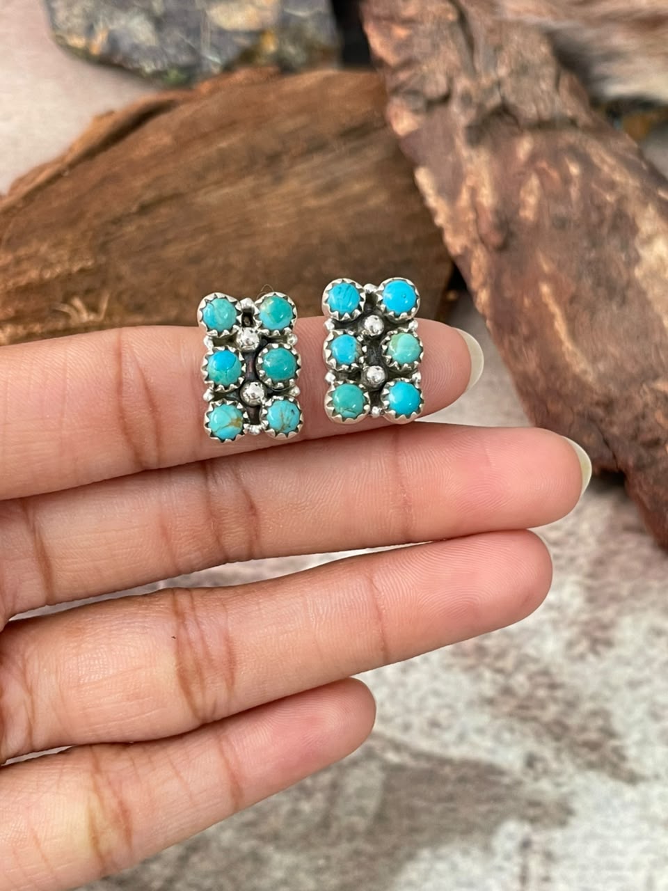 Handmade Sterling Silver Kingman Turquoise Post Studs Bar Earrings Signed Nizhoni