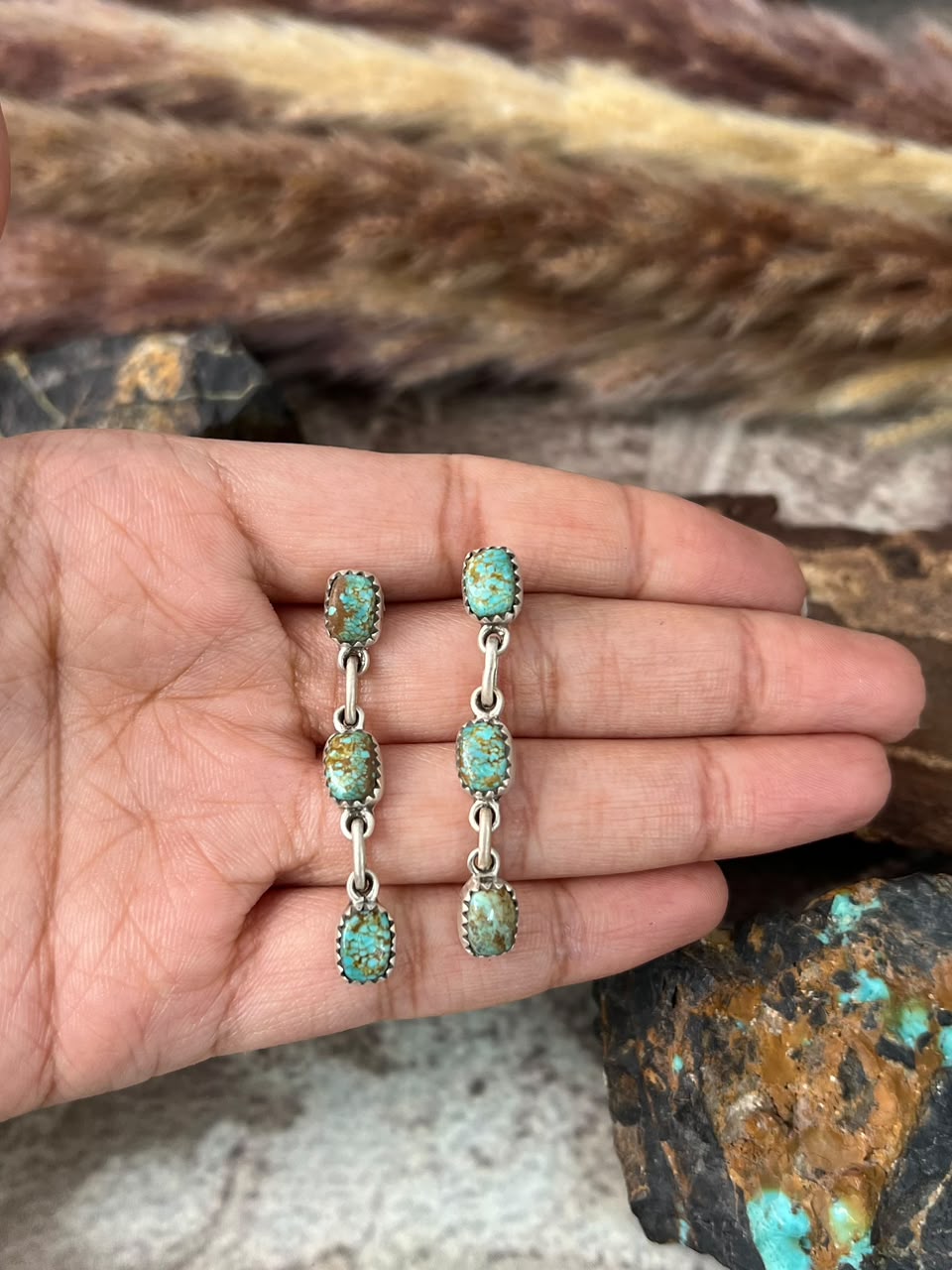 Handmade Sterling Silver Number 8 Turquoise Collection: Post Dangle Earrings Signed Nizhoni
