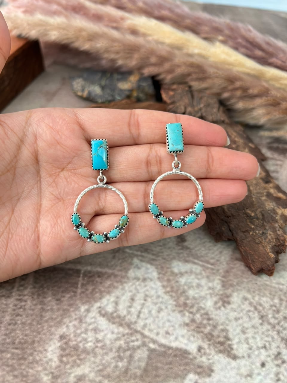 Handmade Sterling Silver Kingman Turquoise Post Dangle Earrings Signed Nizhoni